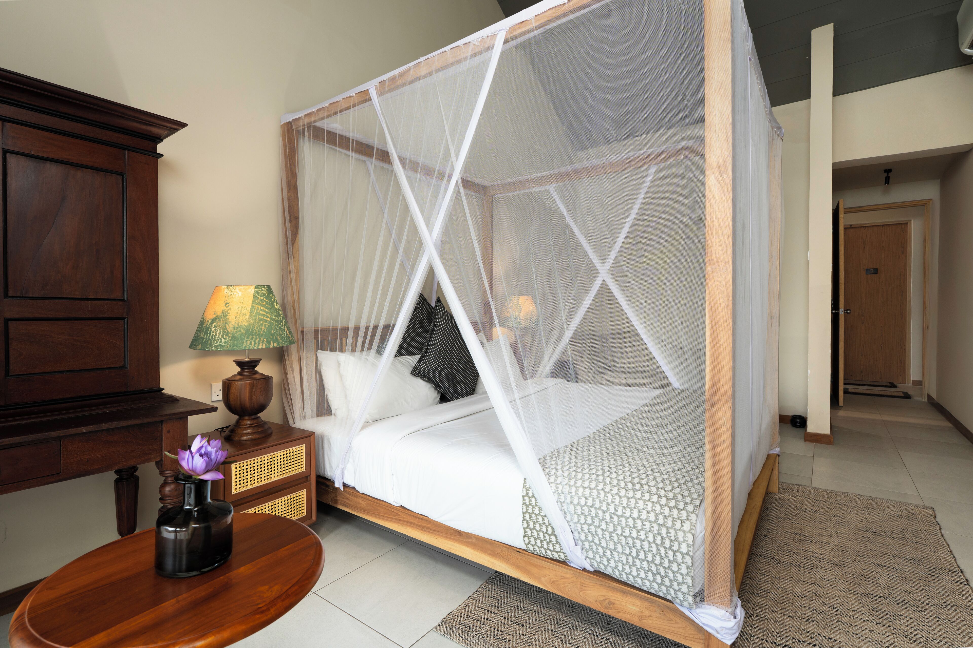 Desk, laptop workspace, blackout drapes, iron/ironing board