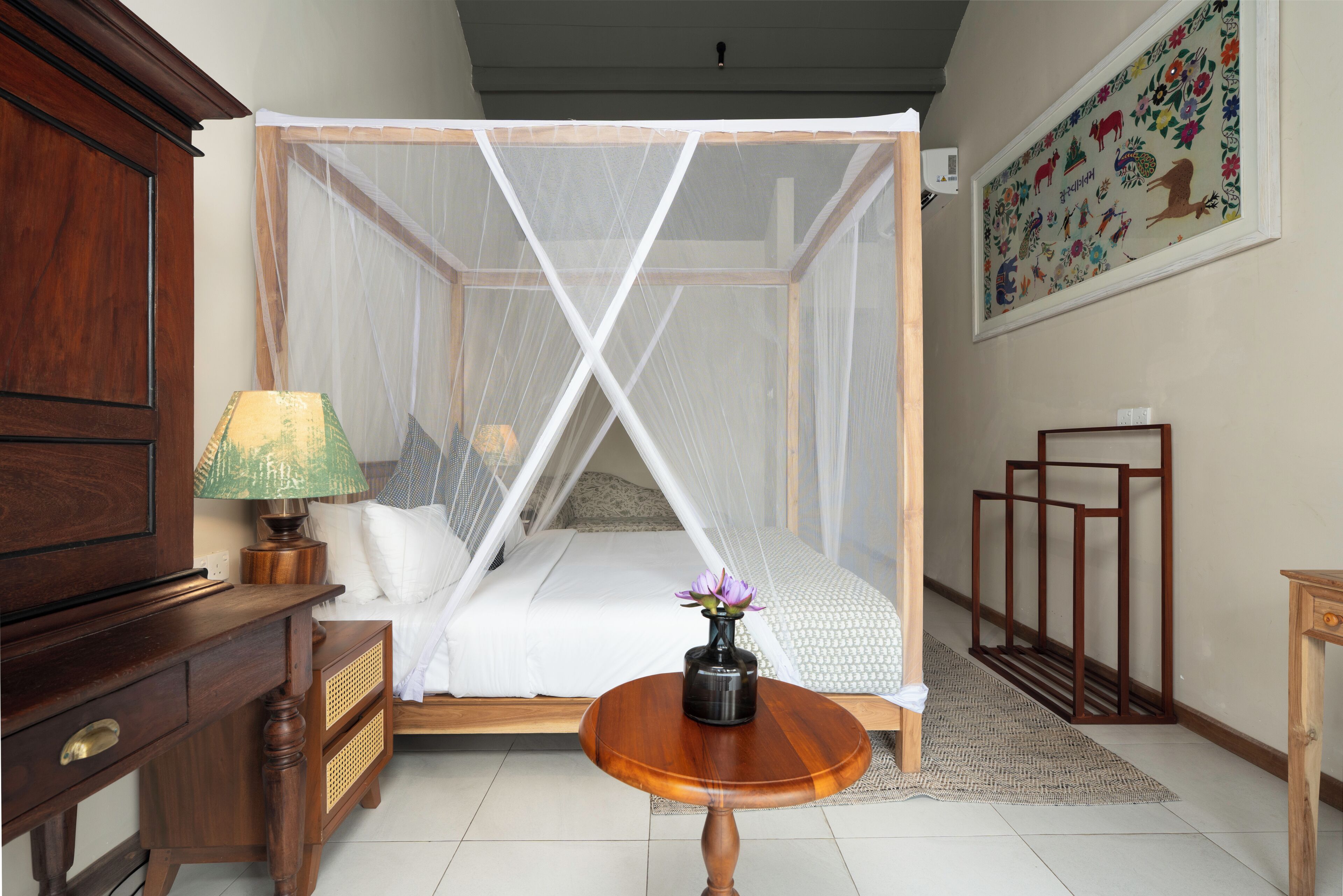 Desk, laptop workspace, blackout drapes, iron/ironing board