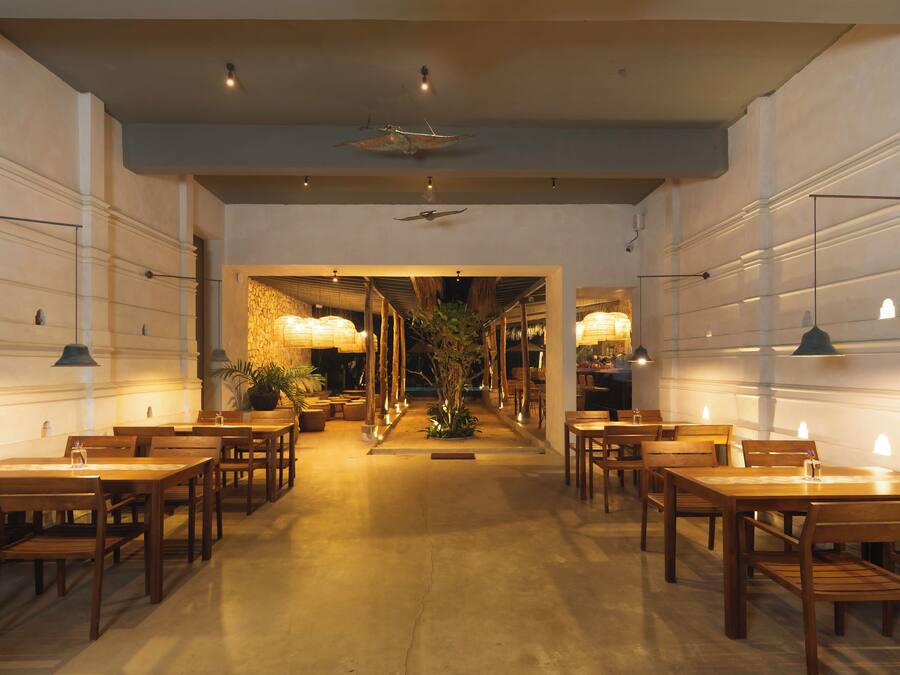 A spacious restaurant with wooden tables and chairs, a central plant, and pendant lighting.