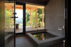 Bañera profunda, cabezal de ducha tipo lluvia, secador de pelo, batas