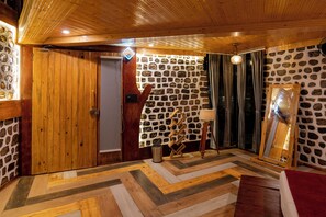 A room with a wooden door, stone wall, and a mirror.