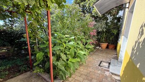 Un jardín con sendero de ladrillo, plantas en macetas y una estructura de pérgola.