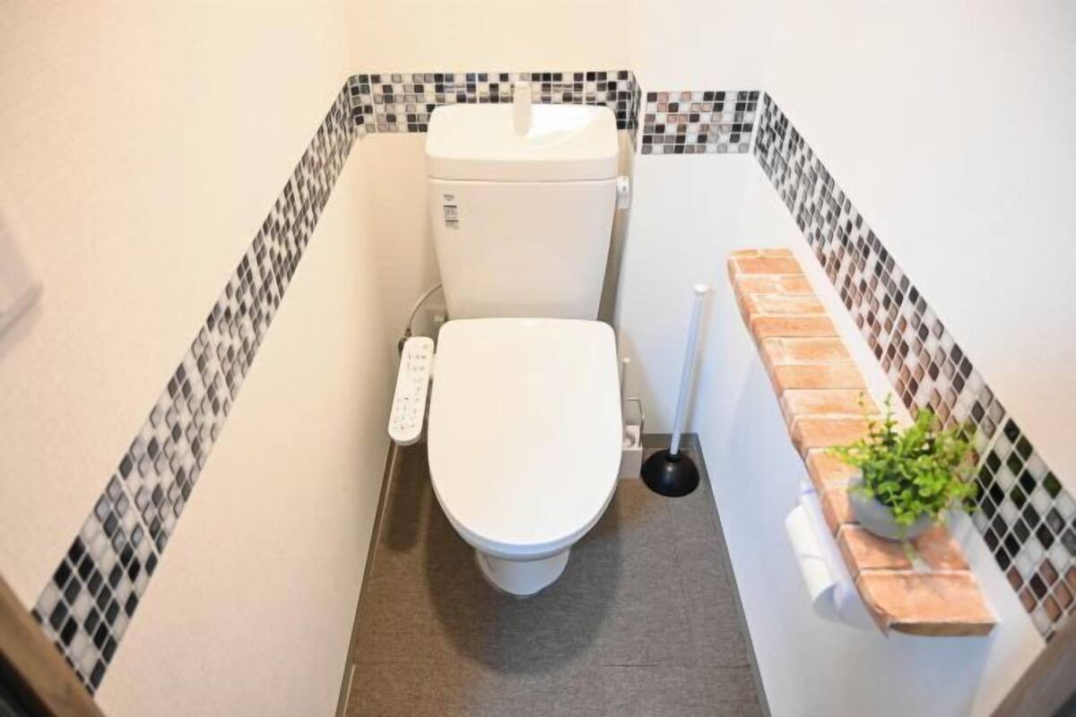 Un baño pequeño con inodoro, émbolo y escobilla.