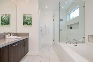 Shower, hair dryer, towels