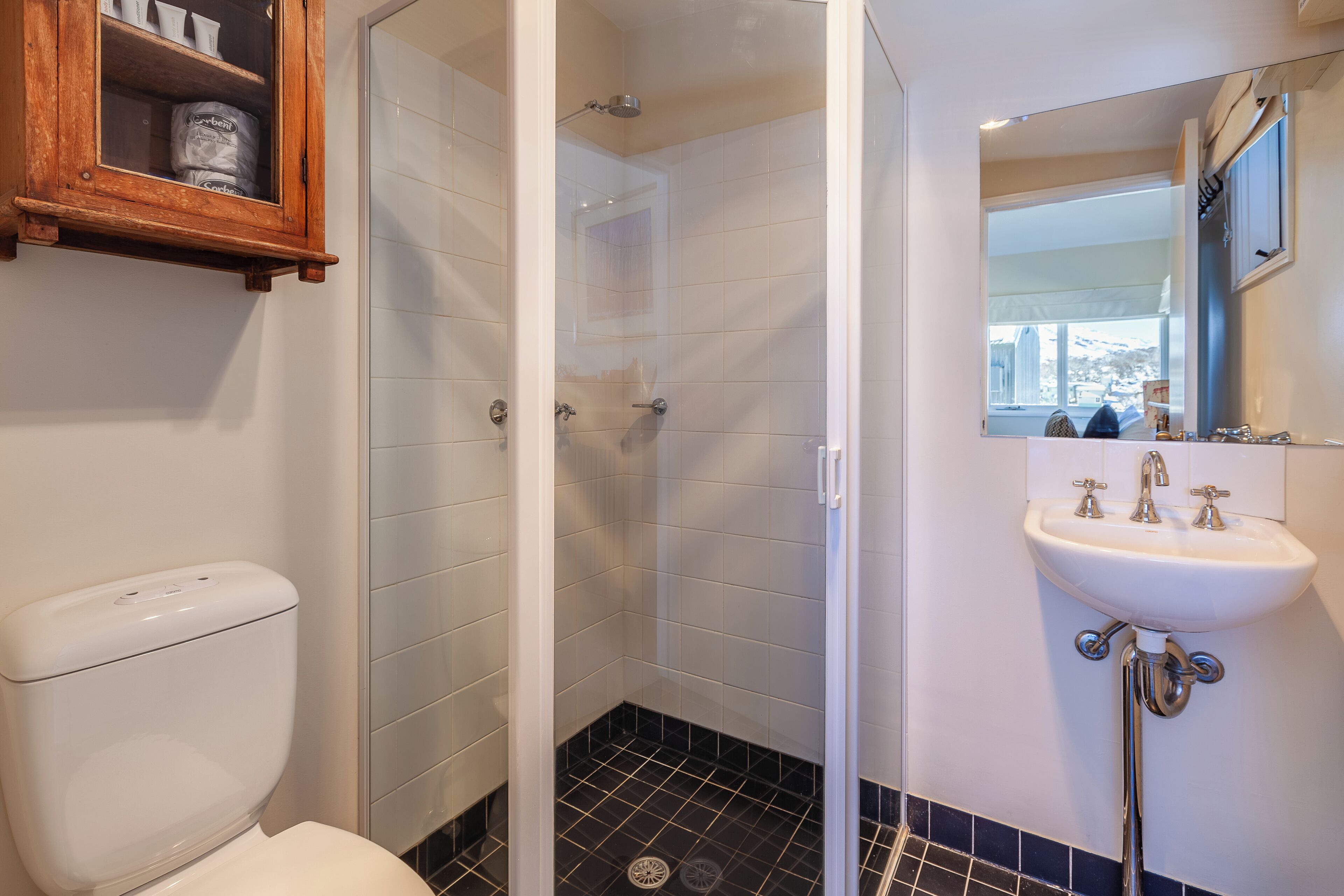 Un baño con inodoro, ducha con puerta de cristal y lavabo con espejo.