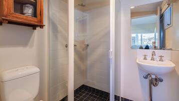 Un baño con inodoro, ducha con puerta de cristal y lavabo con espejo.