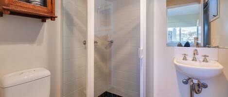 A bathroom with a toilet, a shower with a glass door, and a sink with a mirror.