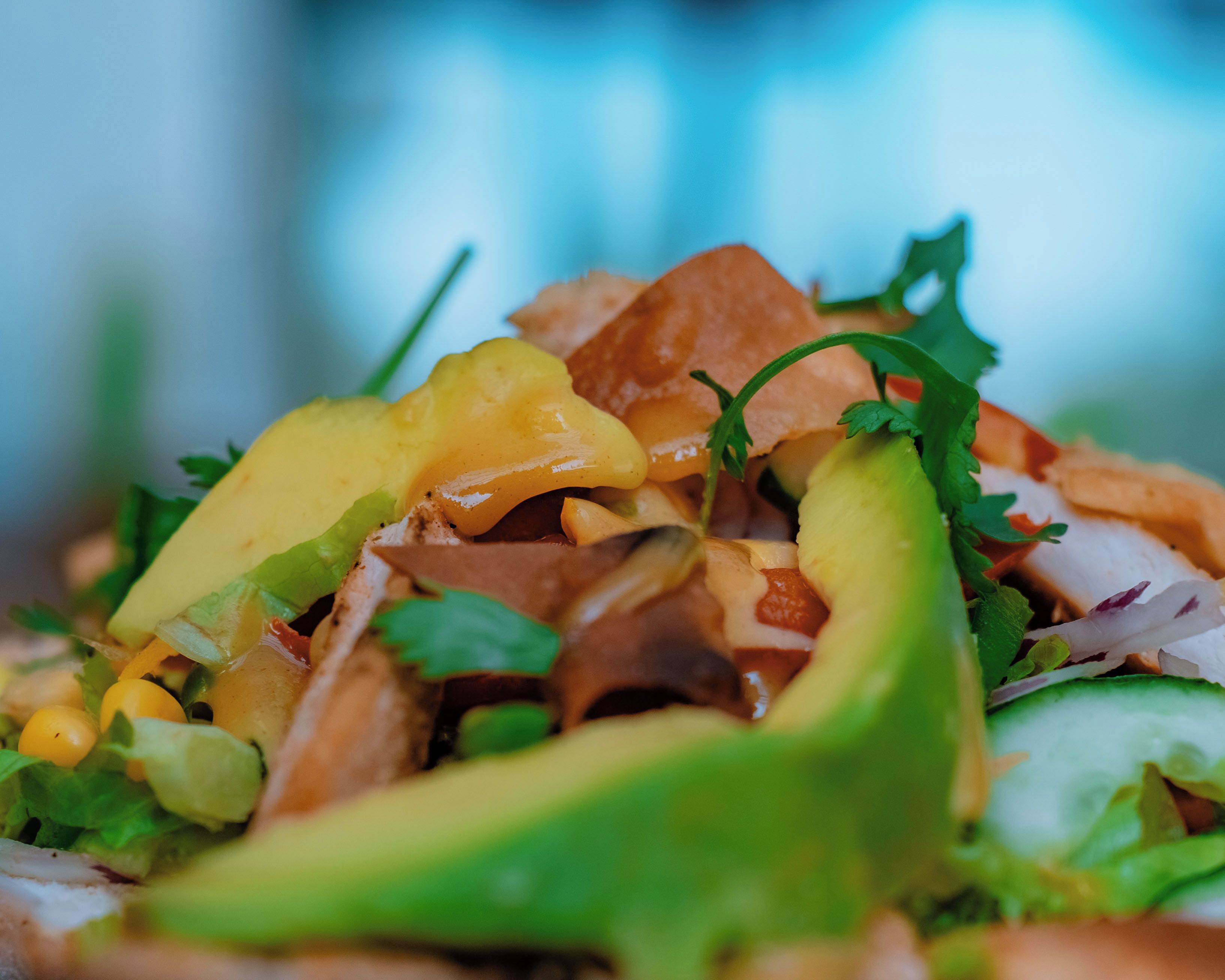 A close-up of a salad with various ingredients.