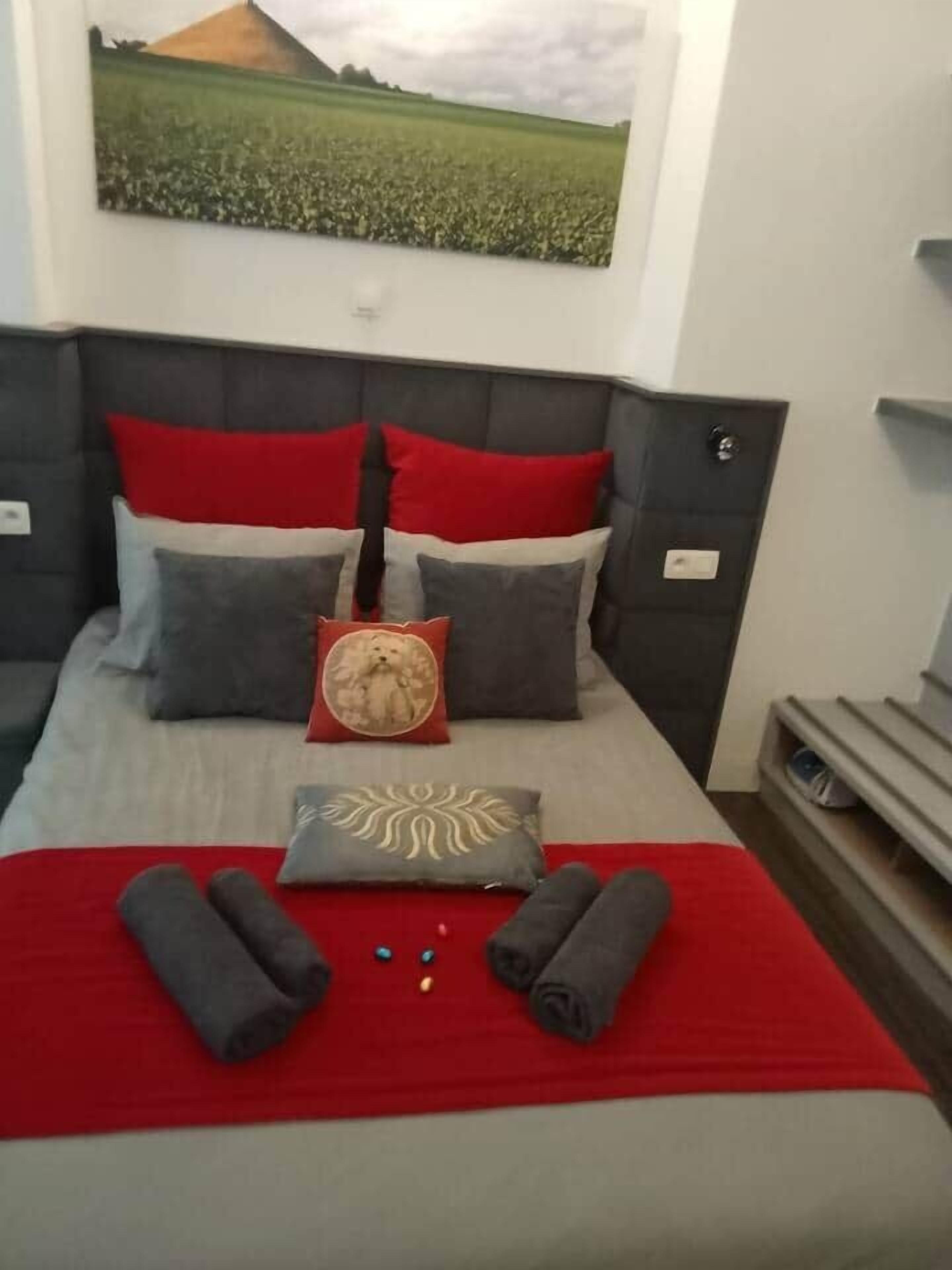 Un letto rifatto con un copriletto rosso, cuscini grigi e un cuscino decorativo con un'immagine di un cane.