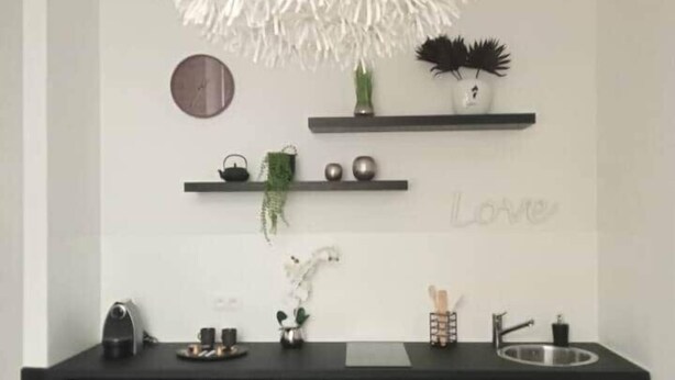 Une cuisine moderne avec un plan de travail noir, un évier et un élégant lustre blanc. Des étagères au-dessus du plan de travail accueillent des plantes et une horloge.