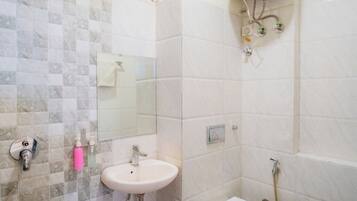 Shower, towels, soap, shampoo