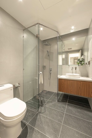 Shower, free toiletries, hair dryer, slippers
