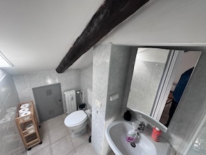 Shower, towels, soap, toilet paper