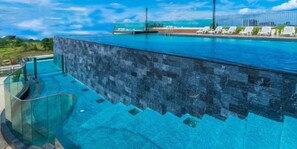 Une piscine séparée par une paroi en verre, un ciel d’un bleu éclatant et le logo du complexe hôtelier JB City Homestay.