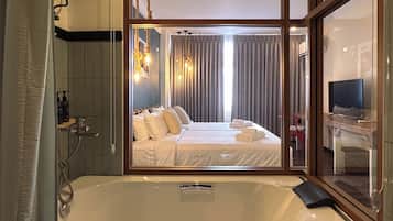 Deluxe Twin Room, Microwave, City View | Bathroom | Separate tub and shower, hair dryer, towels, soap