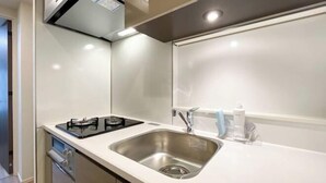 A modern kitchen with a stainless steel sink, a gas stove, and a dishwasher. - Park Axis Honjo Azumabashi South Residence (Tokyo)