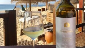 Een fles wijn en een glas op een houten tafel, met uitzicht op een strand en rieten parasols.