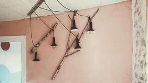 A room with a pink wall, a white door, and a ceiling with hanging lights made from branches.