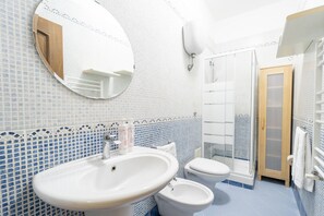 Een douche, een haardroger, een bidet, handdoeken