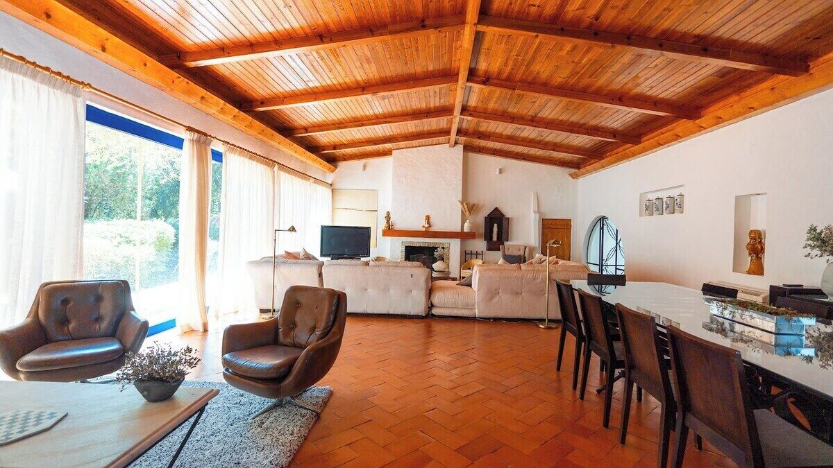 A spacious living area with a wooden ceiling, a fireplace, a TV, and a dining table with chairs.