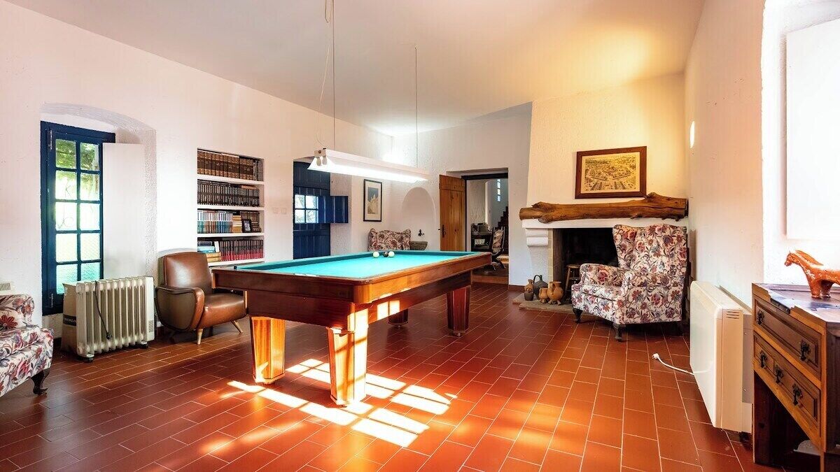 Un salon chaleureux avec une table de billard, une cheminée et une bibliothèque.