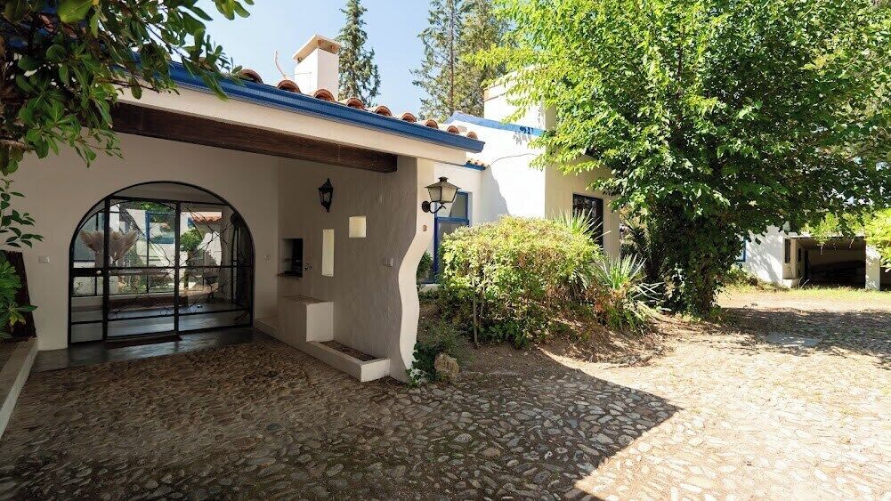 Un bâtiment doté d’une cour pavée de pierres, d’une entrée couverte avec une porte en verre et d’un arbre en arrière-plan.
