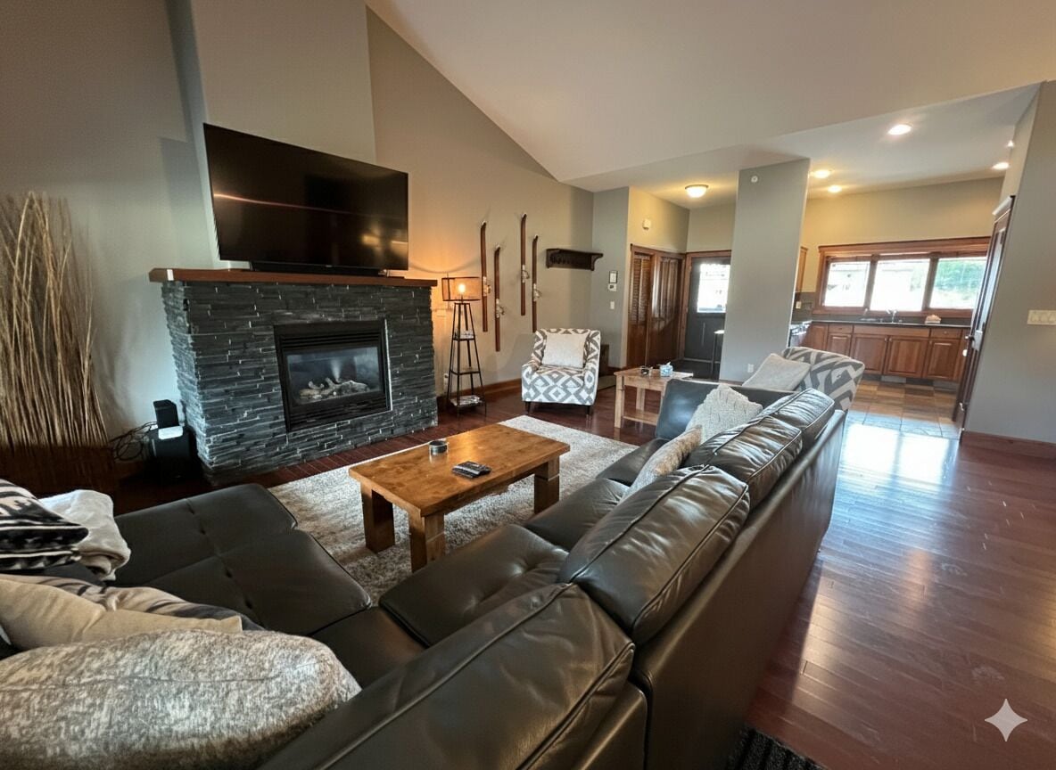 Smart TV, chimenea y oficina 