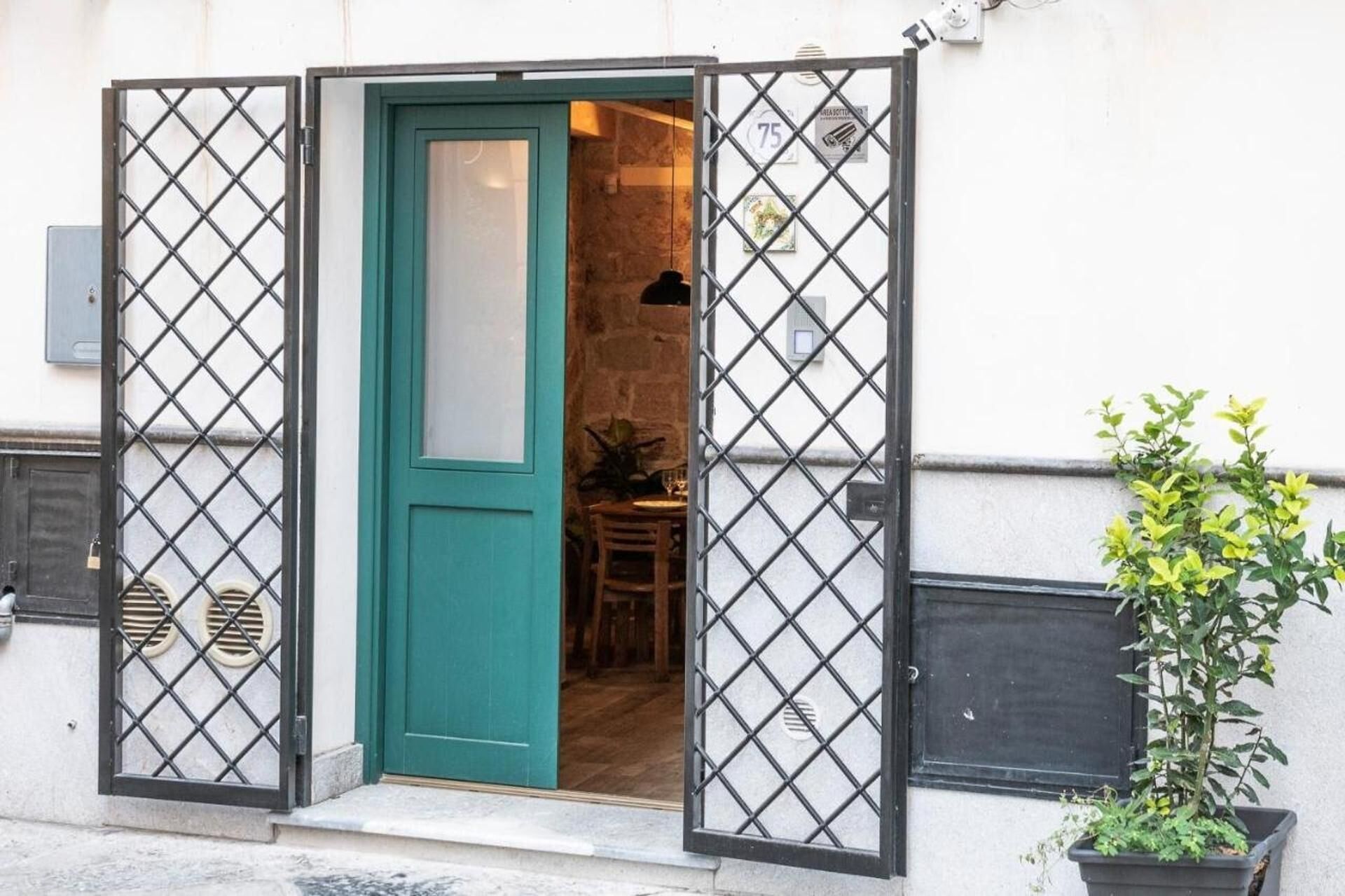 A teal door with a diamond-patterned metal gate, a potted plant, and a stone wall interior.
