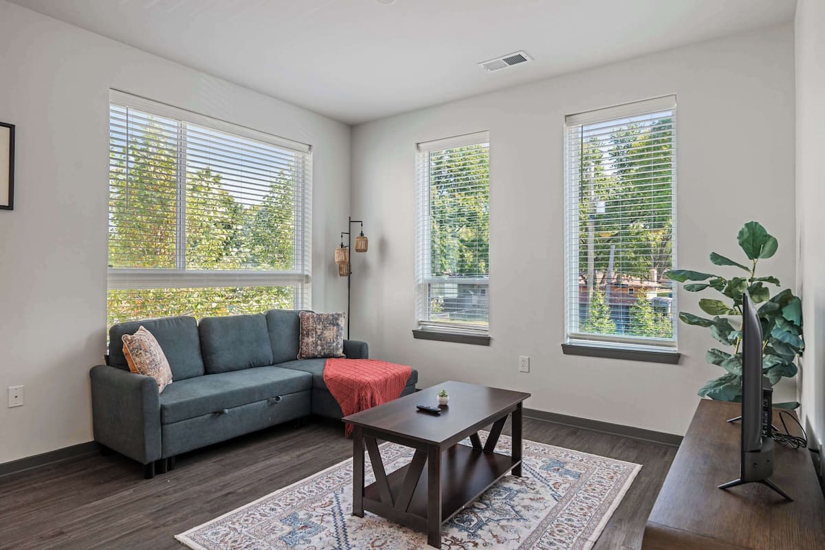 A modern living room with a grey sofa, a coffee table, and a large plant.
