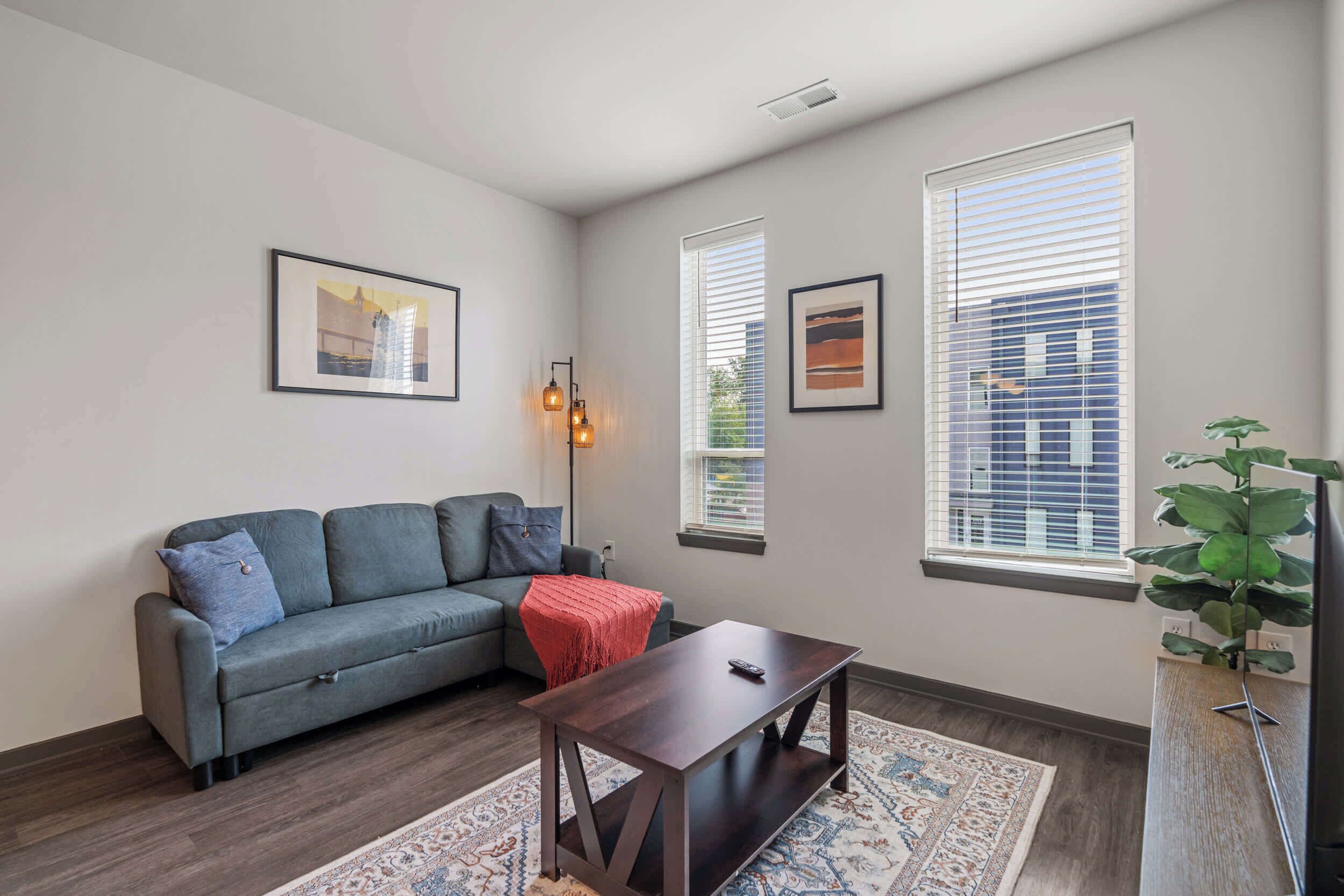 A modern living room with a grey sofa, a wooden coffee table, and a patterned rug. There are two windows with blinds, a floor lamp, and a framed picture on the wall.