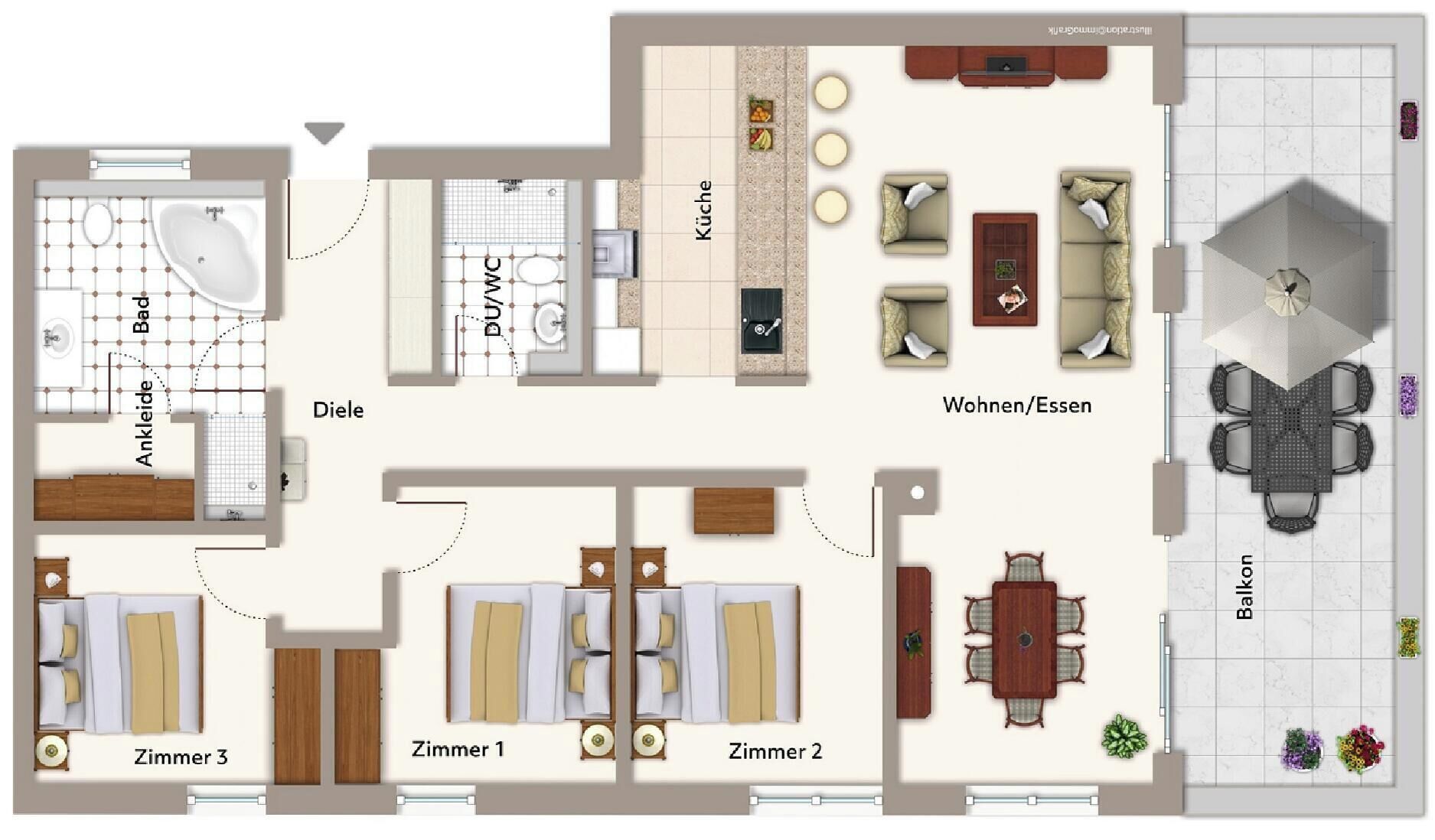A floor plan of a hotel with three bedrooms, a bathroom, a kitchen, a living area, and a balcony.