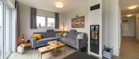 TV, fireplace, books, stereo