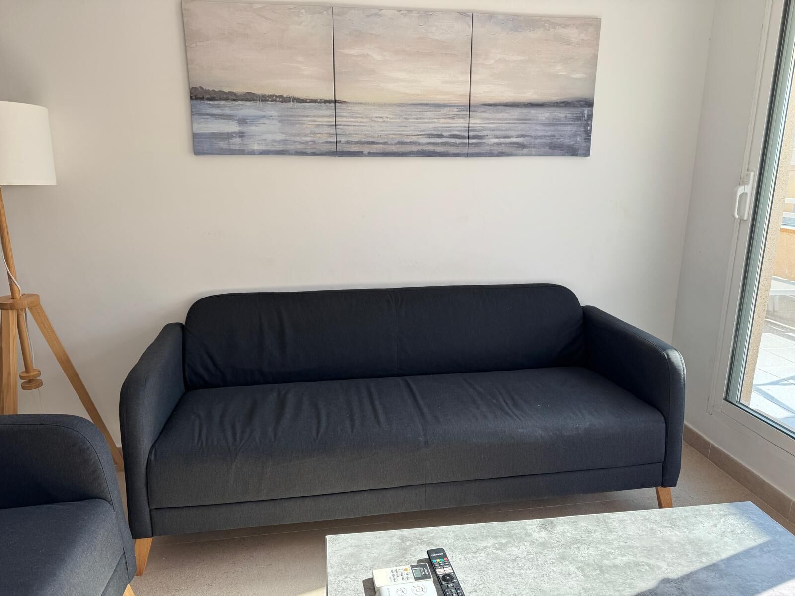 Ein modernes Wohnzimmer mit einem dunkelgrauen Sofa, einer Stehlampe aus Holz und einem Gemälde, das eine Küstenlandschaft zeigt.