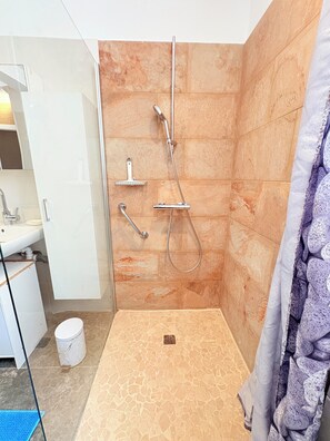 Douche, séchoir à cheveux, serviettes fournies, papier de toilette