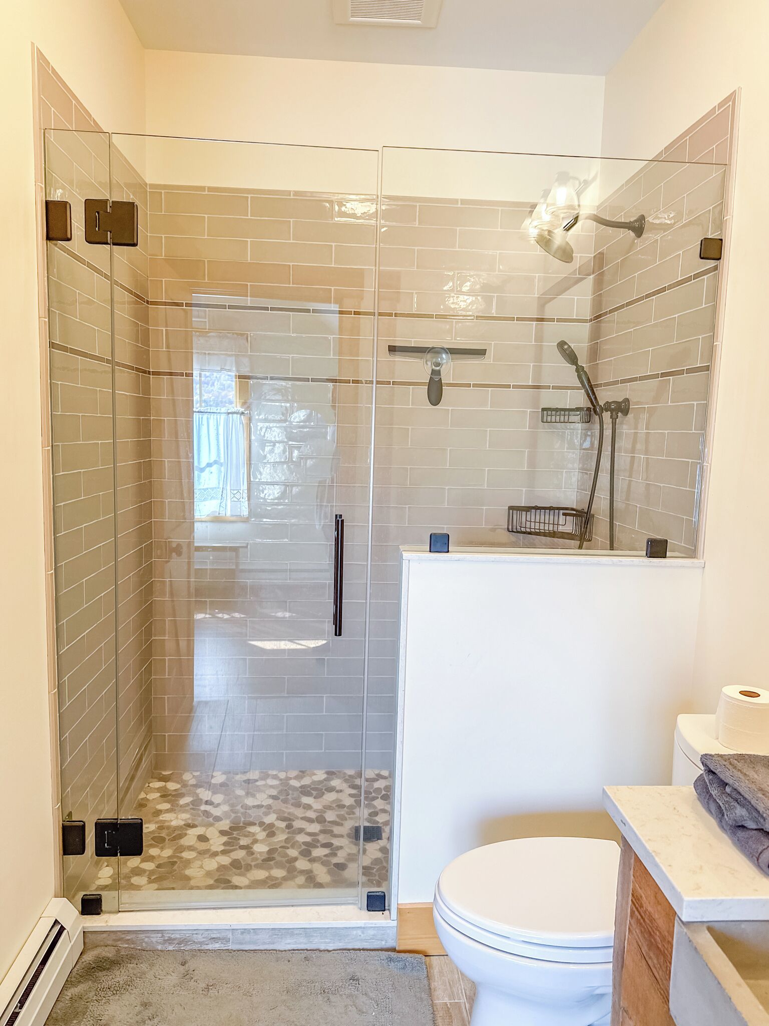 A bathroom with a glass-enclosed shower, a toilet, and a sink with a mirror above it.
