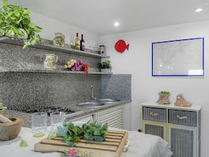 Fridge, oven, dishwasher, cookware/dishes/utensils