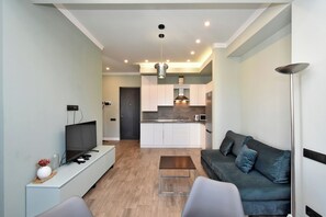 Apartemen Klasik, balkon, pemandangan kota | Area keluarga | Televisi layar datar 50-inci dengan saluran TV kabel