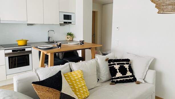 Un appartement moderne comprenant une cuisine, un coin repas et un salon.