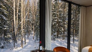 Quarto moderno com uma janela ampla com vista para uma floresta nevada. Há uma mesa redonda com duas cadeiras laranja, uma garrafa de vinho e duas taças sobre a mesa.