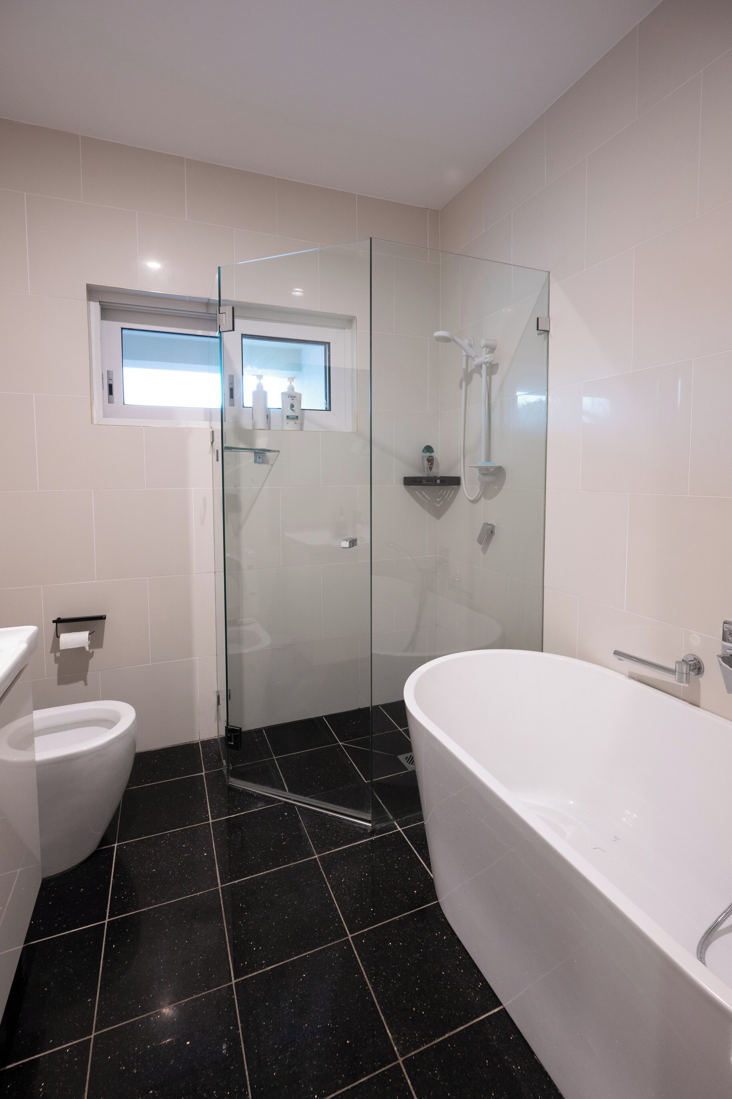 Shower, hair dryer, towels, soap