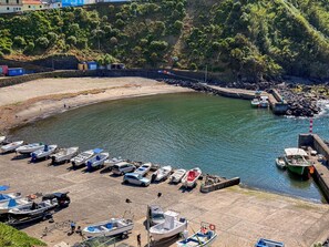 Una marina con barcos amarrados, una playa arenosa y un litoral rocoso.