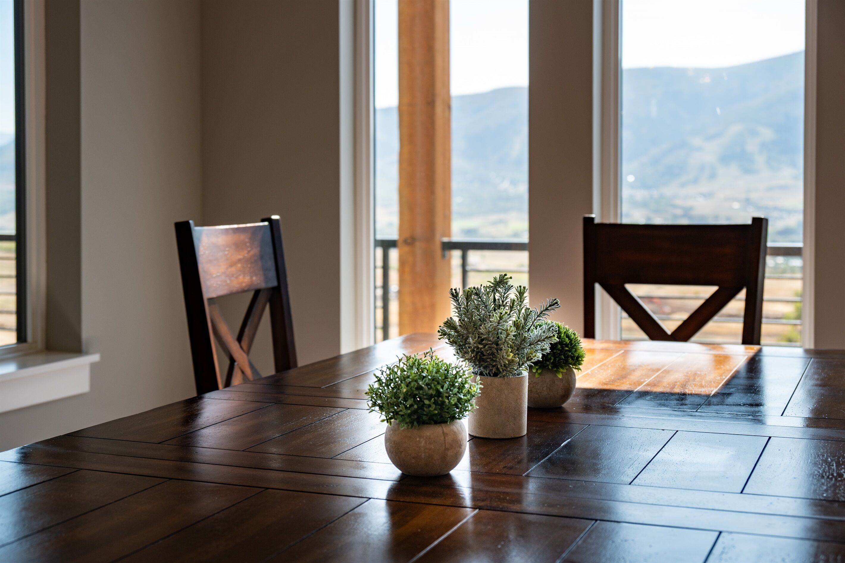 Una mesa de comedor con tres plantas en macetas, dos sillas y vistas a montañas a través de amplios ventanales.