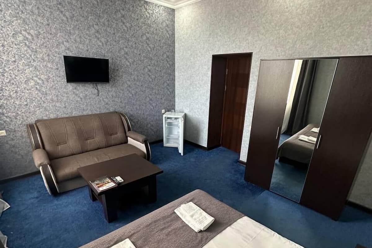 A modern hotel room with a large bed, a sofa, a small table, a TV, and a wardrobe.