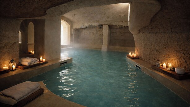 A spa with a stone interior, a pool, and candles. - Masseria Monet (Monopoli)