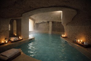 A spa with a stone interior, a pool, and candles. - Masseria Monet (Monopoli)