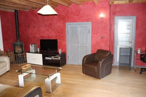 Smart TV, fireplace, books