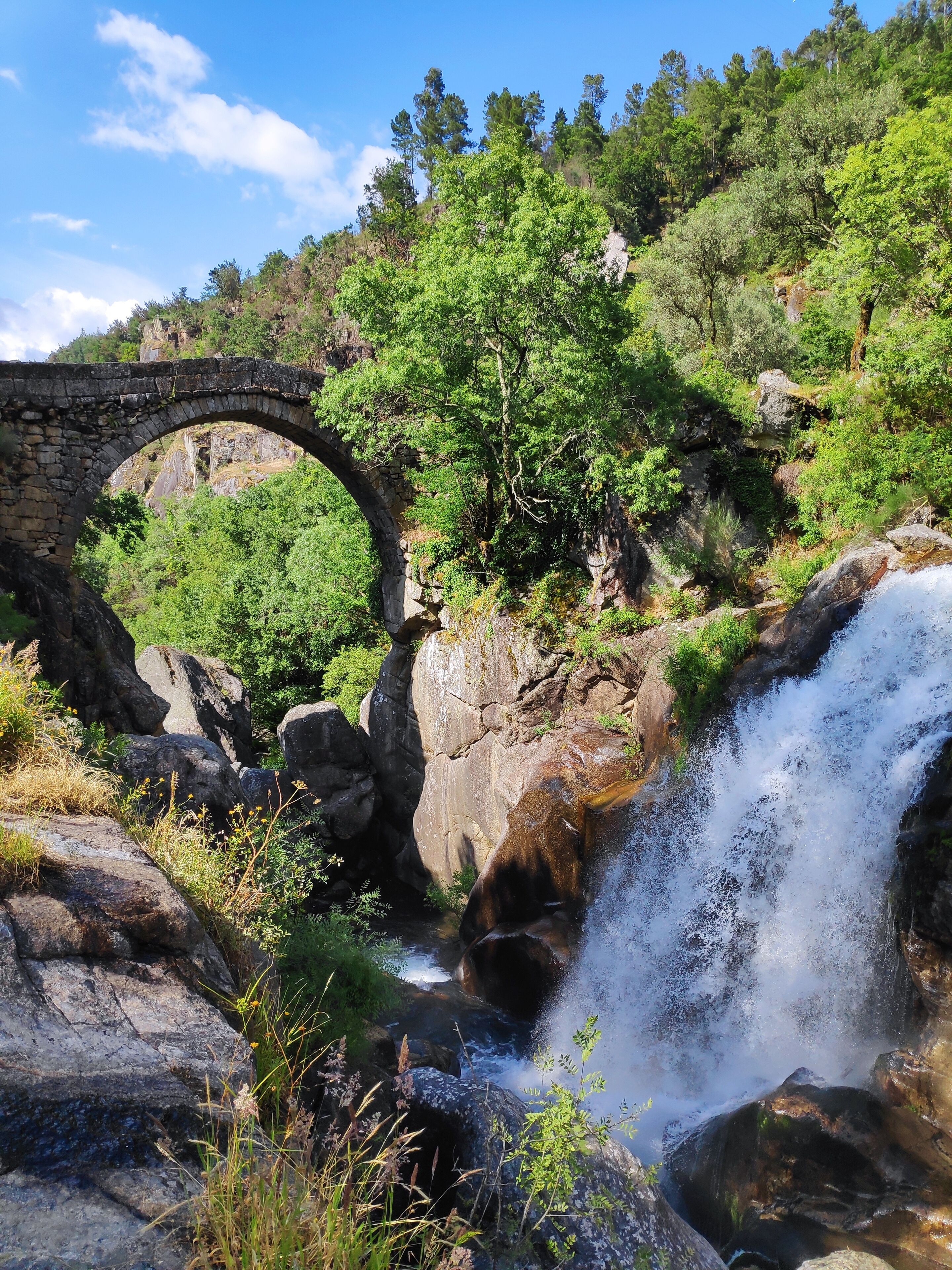 Un pont de pierre enjambant une cascade, le tout entouré d’une végétation luxuriante.
