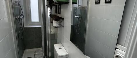 Ducha, secador de pelo, toallas, jabón