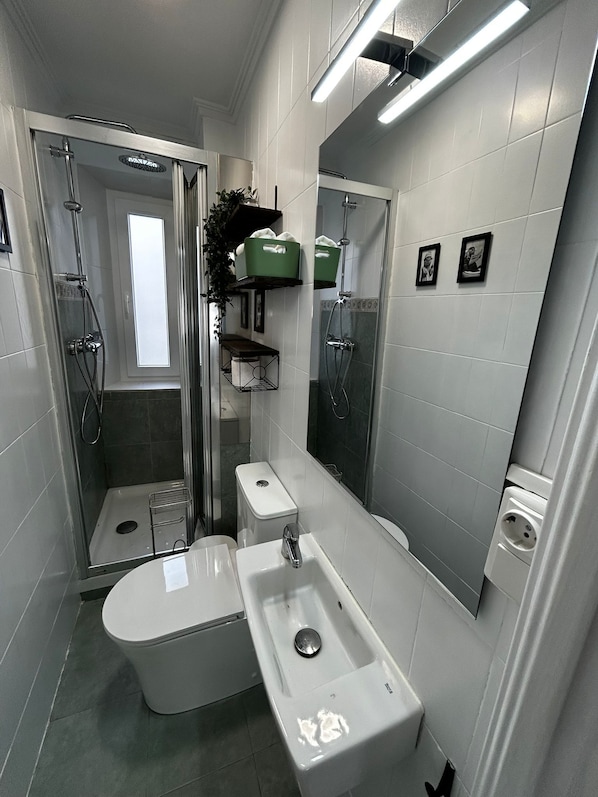 Dusche, Haartrockner, Handtücher, Seife