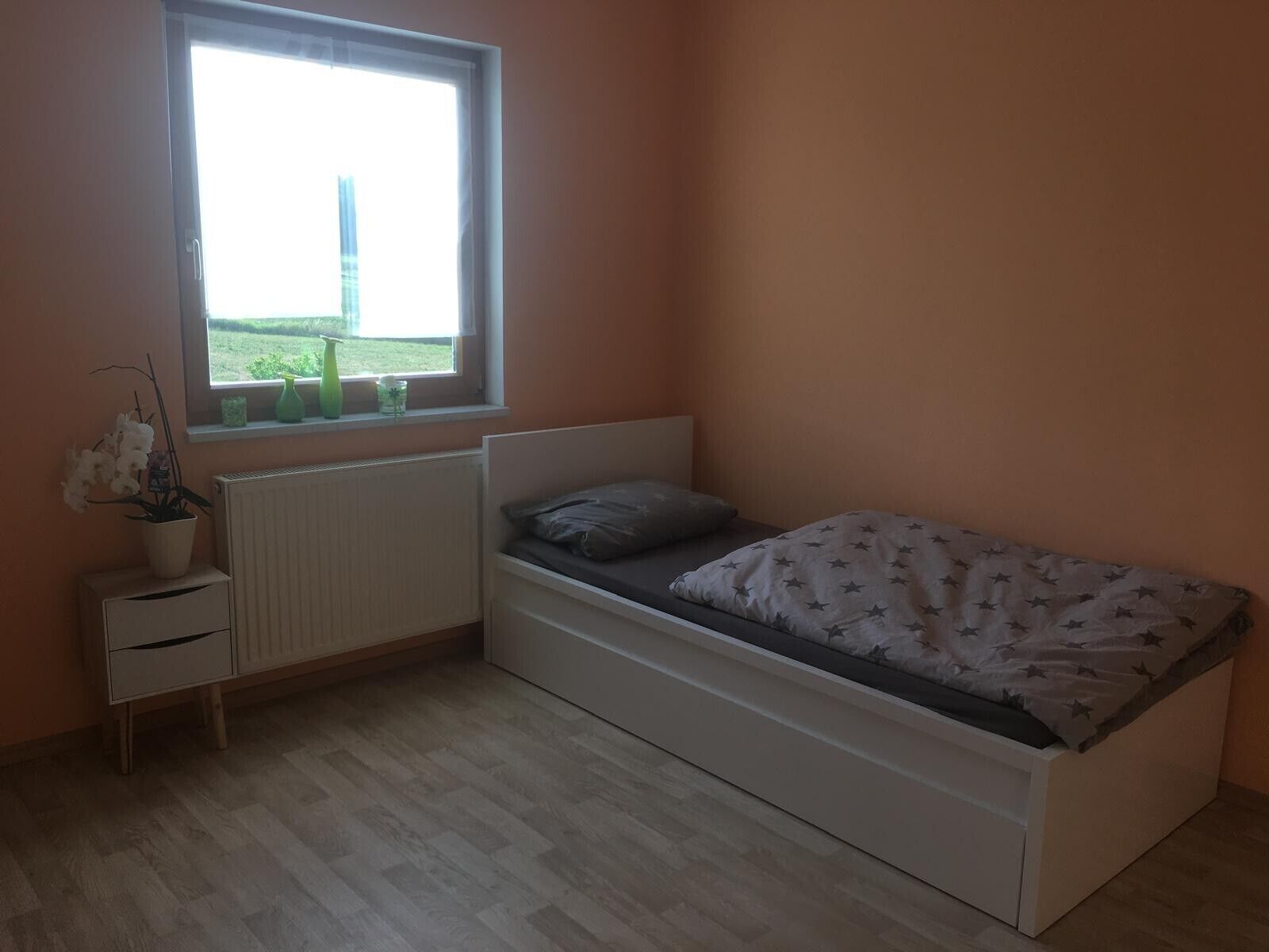 A bedroom with a single bed, a radiator, a window with a view of greenery, and a small bedside table with a plant.